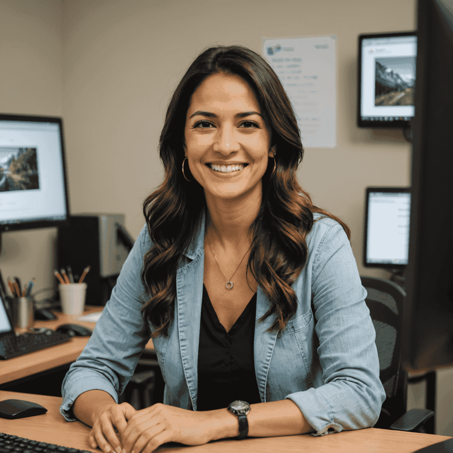 Foto de María González, instructora principal de diseño web, sonriendo frente a una computadora mientras trabaja en un proyecto de diseño