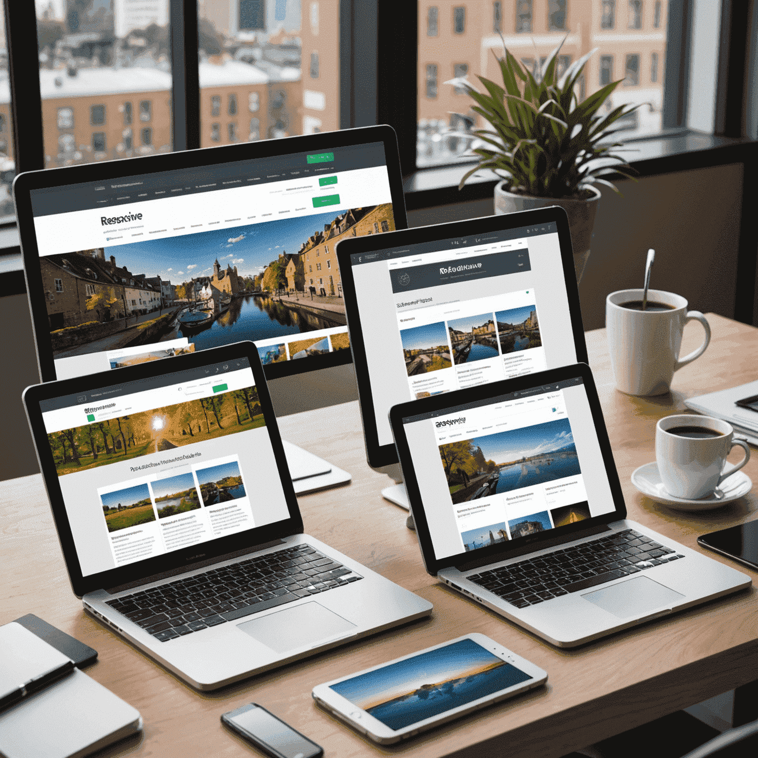 Imagen que muestra varios dispositivos (smartphone, tablet, laptop y desktop) mostrando el mismo sitio web adaptado a cada tamaño de pantalla, ilustrando el concepto de diseño responsivo