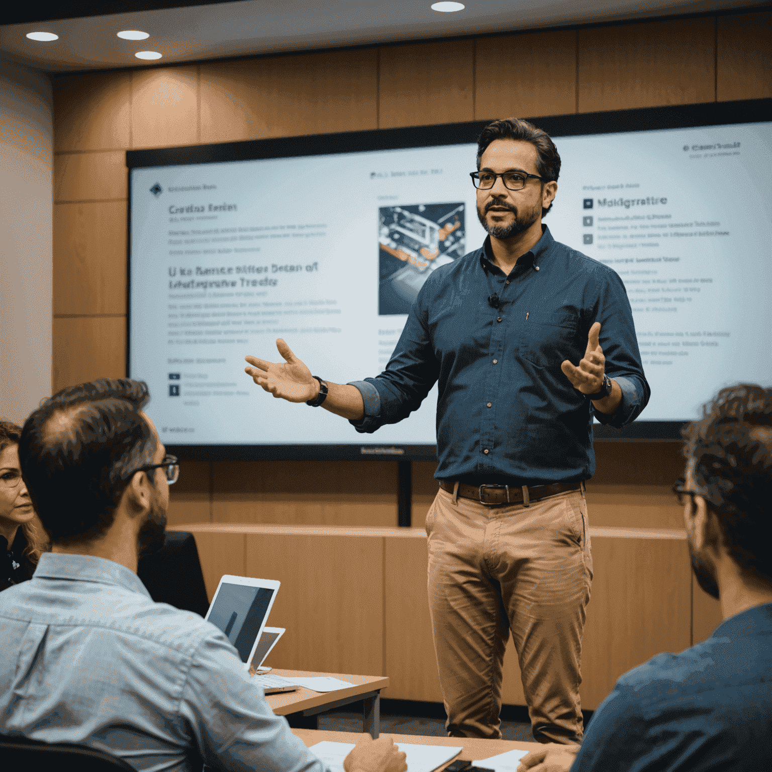 Foto de Carlos Ramírez, experto en UX/UI, presentando en una conferencia sobre las últimas tendencias en diseño de interfaces