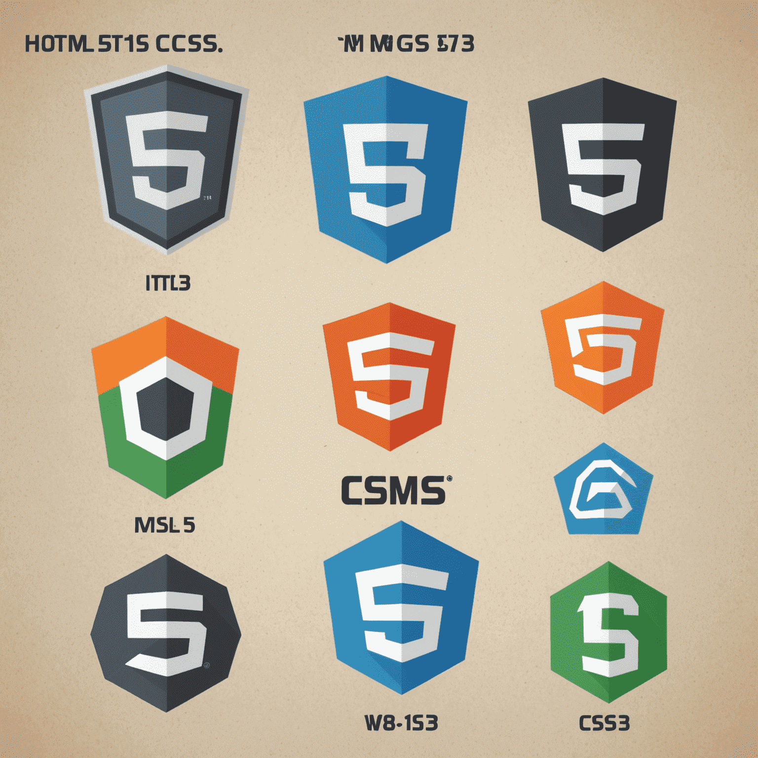 Imagen que muestra logos de HTML5 y CSS3 junto con ejemplos de código y diseño web moderno